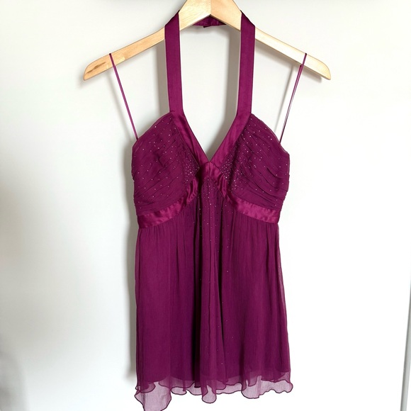 Express 100% Silk Purple Rhinestone Babydoll Halter Top Y2K Style Size 6 - Picture 1 of 14
